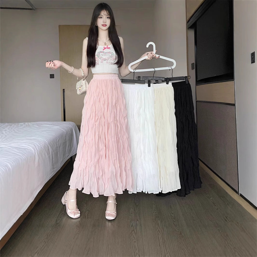 White Elastic-waist A-line Skirt