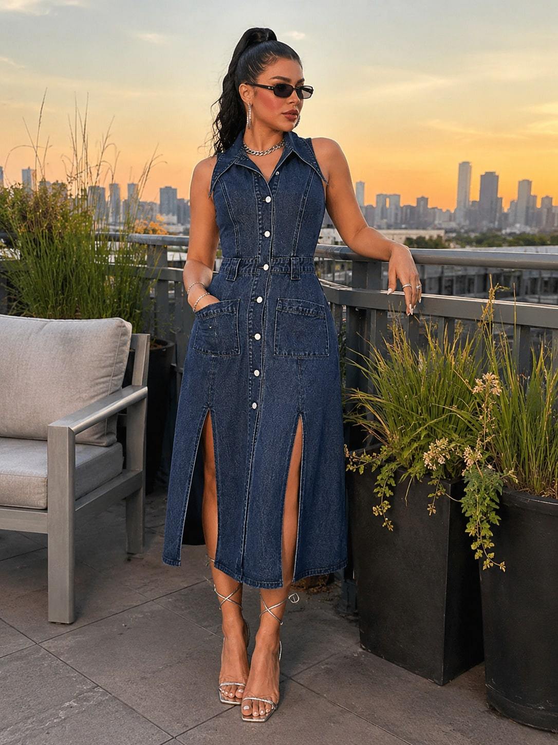 New Women's Retro-Style Washed Blue Collared Sleeveless Single-Breasted Denim Dress With Slits And Pockets, Summer Outfits For Women