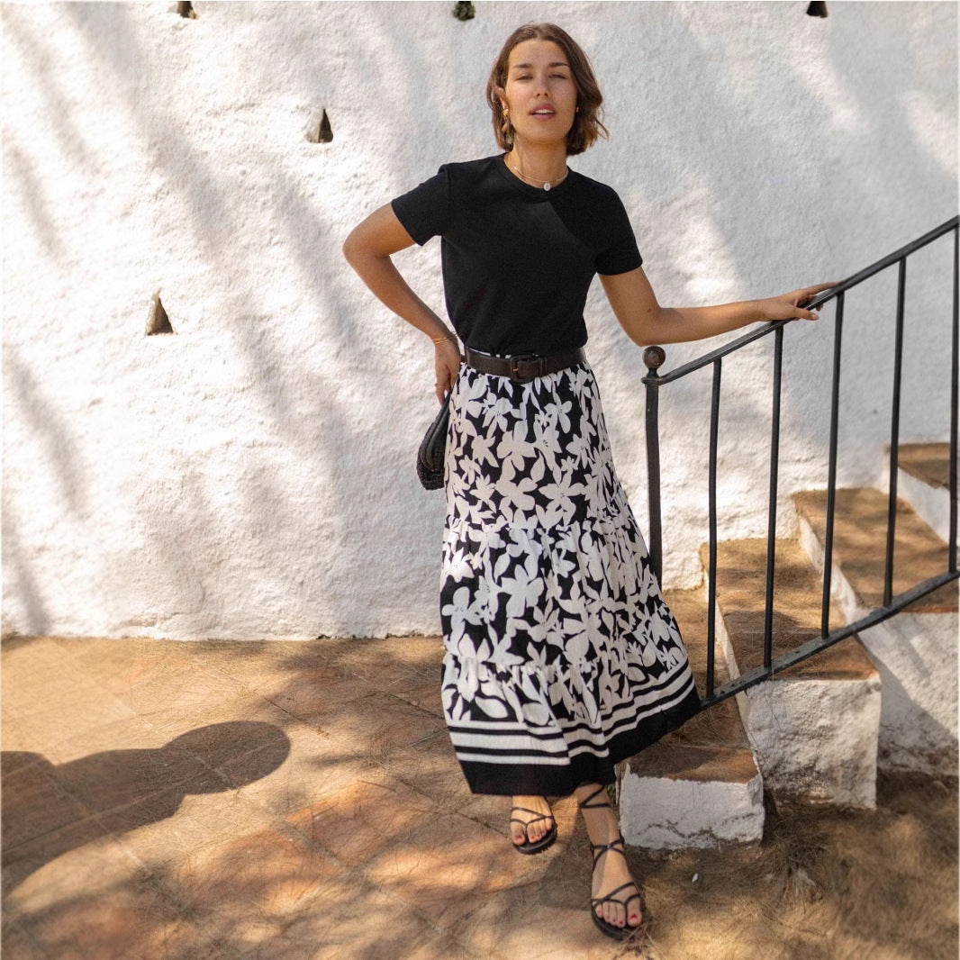 Casual Resort Flared Midi Skirt With A Botanical Print