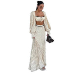 Polka-dot Midriff-baring Sexy Long-sleeve Chic Silky-soft Loose Casual Maxi Dress