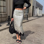 Satin Polka-dot Lace-panel Mid-length Skirt