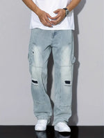 Men's Light Blue Ripped Jeans, Loose Straight Leg, All Season Wear
