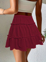 High Waist Drawstring Ruffle Tiered Mini Skirt With Liner, Casual A-Line Skort Sweet Cake Skirt Adjustable Tie Fake Two-piece Anti-Peek Skirt For Women