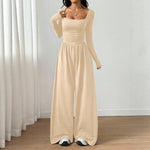 Long-sleeve Square-neck Casual Wide-leg Jumpsuit