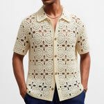 Mens Summer Hollow-Out Crochet Short-Sleeve Shirt