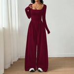 Long-sleeve Square-neck Casual Wide-leg Jumpsuit