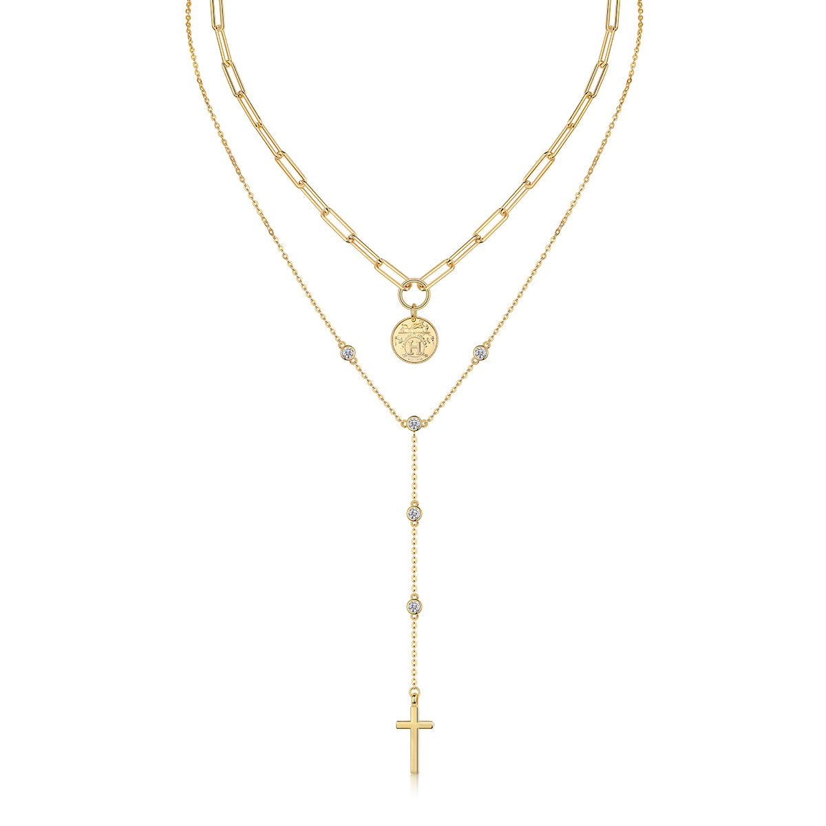 S925 Silver Gold Plated Layered Necklace, Paperclip Coin & Cross Y-Drop, 0.1ct D-VVS1 Moissanite, 14.4g Jewelry Gift Box