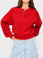 Womens Crew-neck Button-up Sweatshirt Loose-fit Casual Cropped Top