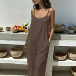 Womens Backless Drawstring Loose Strap Wide-leg Jumpsuit