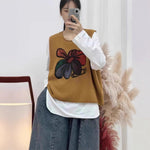 Womens Floral-Print Crew-Neck Loose-Fit Vintage Knitted Vest