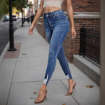 High-waisted Hemmed Stretchy Slim-fit Jeans For Women