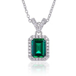 S925 Sterling Silver Emerald Cut Lab-Grown Emerald Pendant Necklace, Halo Setting, Platinum Plated 1.2g, Women's Jewelry Gift Box
