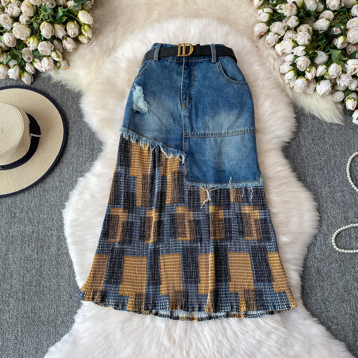 American-style Cool And Edgy Ripped Fringed Denim Skirt