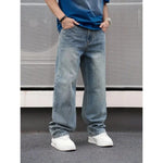 Men'S Casual Straight Wash Jeans - Light Blue Loose Fit Ob