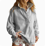 Loose-fitting Casual Long-sleeve Hoodie With A Semi-open Neckline And Buttons