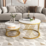 2 In 1 Round Coffee Table Made Of MDF With Marble Grain Veneer Top, Rattan Drawers And Solid Wood Handles. Gold Coloured Iron Legs. 70x70x45.5  50x50x38.5cm