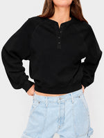 Womens Crew-neck Button-up Sweatshirt Loose-fit Casual Cropped Top