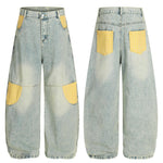 Mens Retro Plaid Patchwork Bootcut Jeans