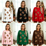 Womens Christmas Gingerbread Man Glittery Loose-Fit Pullover Hoodie
