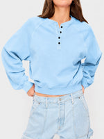 Womens Crew-neck Button-up Sweatshirt Loose-fit Casual Cropped Top