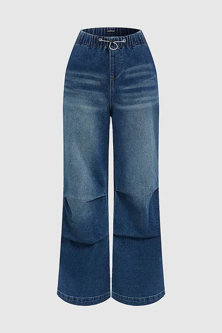 Non-elastic Elasticated Waist Wide Straight Pants