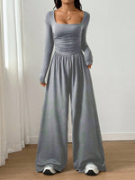 Long-sleeve Square-neck Casual Wide-leg Jumpsuit