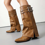 Rivet Chunky Heel Belt Buckle Tall Boots Women
