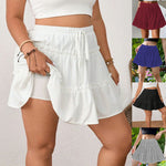 High Waist Drawstring Ruffle Tiered Mini Skirt With Liner, Casual A-Line Skort Sweet Cake Skirt Adjustable Tie Fake Two-piece Anti-Peek Skirt For Women