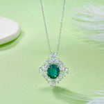 S925 Sterling Silver Floral Halo Pendant Necklace, 10x8mm Lab-Grown Ruby Sapphire Emerald, Platinum Plated 45cm Chain, 5g Gift Box