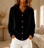 Buttoned Velvet Hooded Cardigan Solid-Color Coat For Women