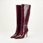 Stiletto-heeled Leather Belt-buckle Zip Thigh-high Boots For Women