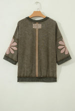 Mineral Water-washed Frayed Edge Pieced Flower Pattern Three-quarter Sleeve Loose Top