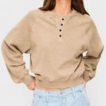 Womens Crew-neck Button-up Sweatshirt Loose-fit Casual Cropped Top