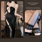 New Sheer Mesh Deep-V High-slit Purple Nightdress For Women