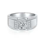 S925 Sterling Silver Men's Wide Band Moissanite Ring, 1&2ct D-VVS1 Brushed Finish With Pave Accents, Platinum Plated US Sizes 5-9, GRA Certificate Gift Box