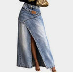 High-waisted Irregularly Slit Denim Midi Skirt