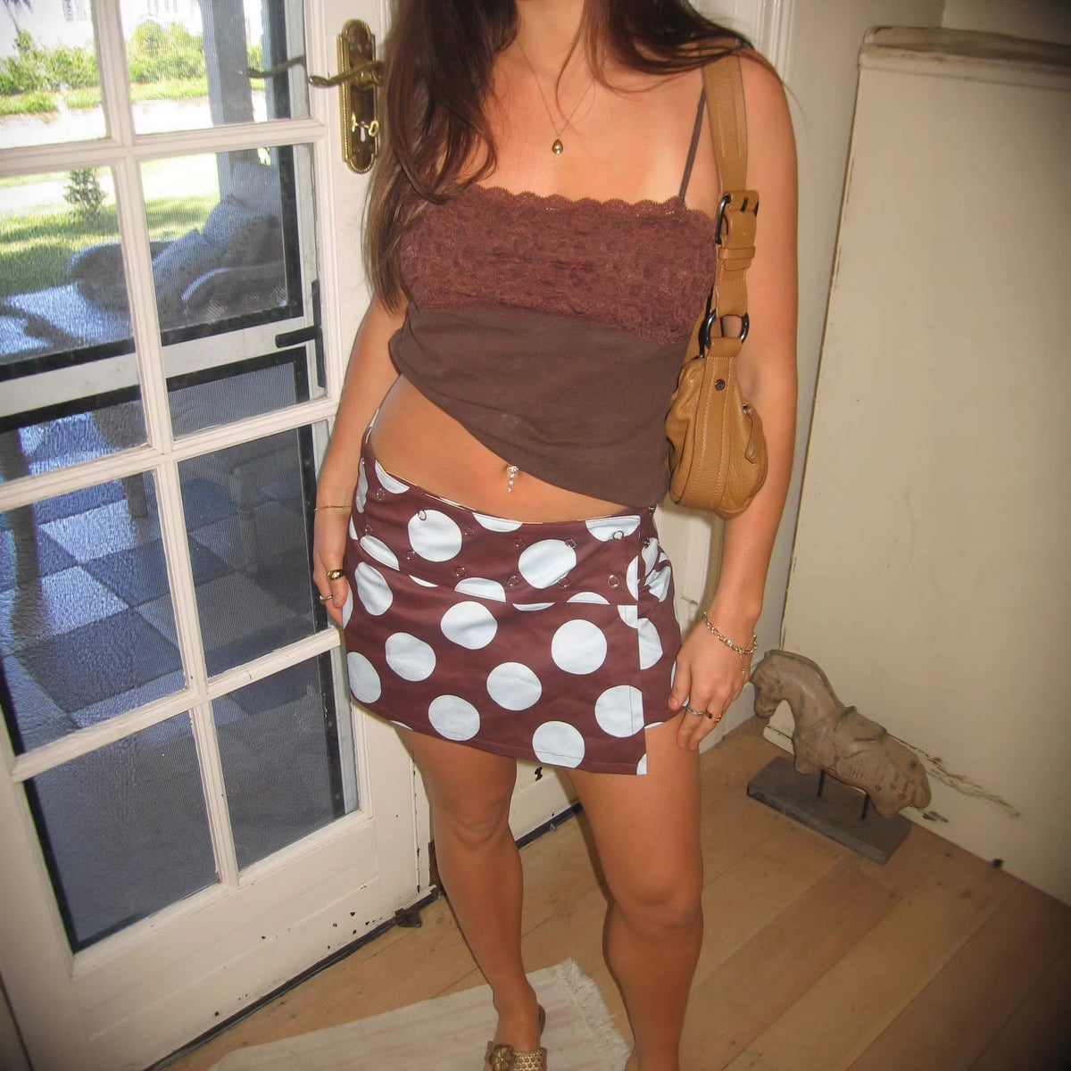 Retro Polka-dot Denim Asymmetrical High-waisted Skirt