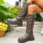 Calf-length Metal Belt-buckle Chunky-heeled High-top Denim Boots