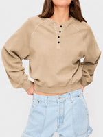Womens Crew-neck Button-up Sweatshirt Loose-fit Casual Cropped Top