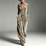 Stand-collar Zip-up Deep-V Velvet Jumpsuit