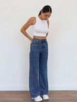 European And American-style Casual Solid-color Straight-leg High-waist Womens Washed Denim Jeans