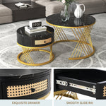 2 In 1 Round Coffee Table Made Of MDF With Marble Grain Veneer Top, Rattan Drawers And Solid Wood Handles. Gold Coloured Iron Legs. 70x70x45.5  50x50x38.5cm