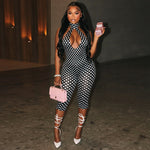 Womens Sexy Polka-dot Halterneck Three-quarter-length Jumpsuit