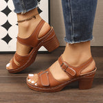 Summer New Solid-color Peep-toe Sandals With A Strap-and-buckle Design And A Chunky Heel