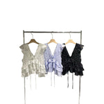 Pleated Floral-print Ruffled Blouse Vest With Ribbons