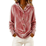 Buttoned Velvet Hooded Cardigan Solid-Color Coat For Women
