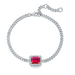 S925 Sterling Silver Lab-Grown Ruby Bracelet, 8x6mm Emerald Cut Halo Adjustable Cuban Chain, Platinum Plated 5.4g Women's Jewelry Gift Box