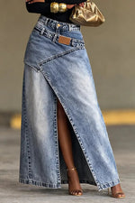 High-waisted Irregularly Slit Denim Midi Skirt