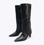 Large-calf High-heeled Riding Retro-style Knee-high Pointed-toe Tall Denim Boots
