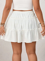 High Waist Drawstring Ruffle Tiered Mini Skirt With Liner, Casual A-Line Skort Sweet Cake Skirt Adjustable Tie Fake Two-piece Anti-Peek Skirt For Women